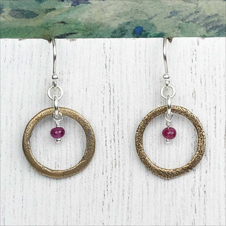 Vibrant Golden Bronze Celtic Ring Money Earrings with Genuine Ruby