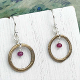 Vibrant Golden Bronze Celtic Ring Money Earrings with Genuine Ruby