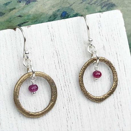 Vibrant Golden Bronze Celtic Ring Money Earrings with Genuine Ruby
