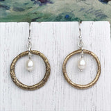 Variegated Bright Golden Bronze Celtic Ring Money Earrings with Genuine Pearl