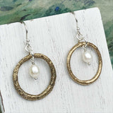 Variegated Bright Golden Bronze Celtic Ring Money Earrings with Genuine Pearl