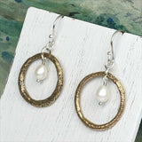 Variegated Bright Golden Bronze Celtic Ring Money Earrings with Genuine Pearl