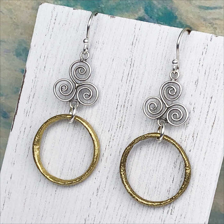 Light Airy Golden Bronze Celtic Ring Money Earrings with Celtic Spiral Accent