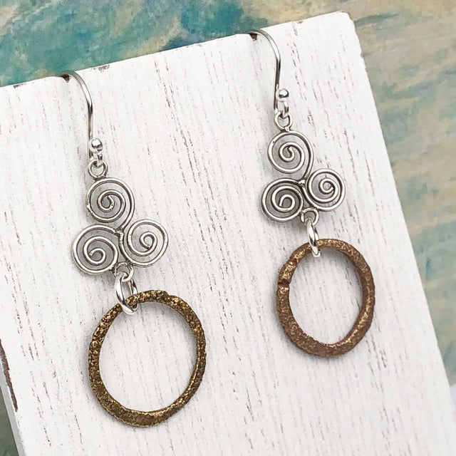 True Red Golden Bronze Celtic Ring Money Earrings with Celtic Spiral Accent 