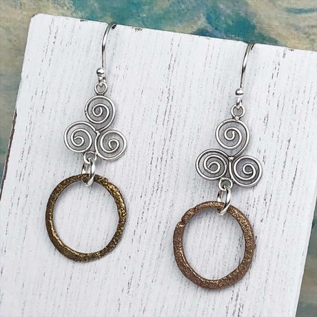 True Red Golden Bronze Celtic Ring Money Earrings with Celtic Spiral Accent 
