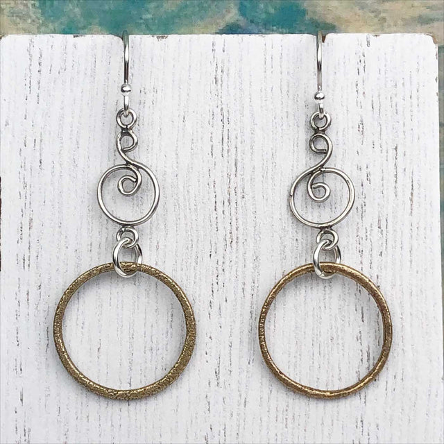 Bright Airy Golden Bronze Celtic Ring Money Earrings with Celtic Spiral Accent