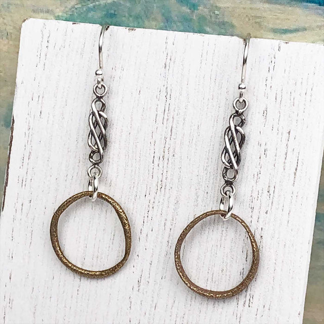 Deep Golden Bronze Celtic Ring Money Earrings with Celtic Knot Accent