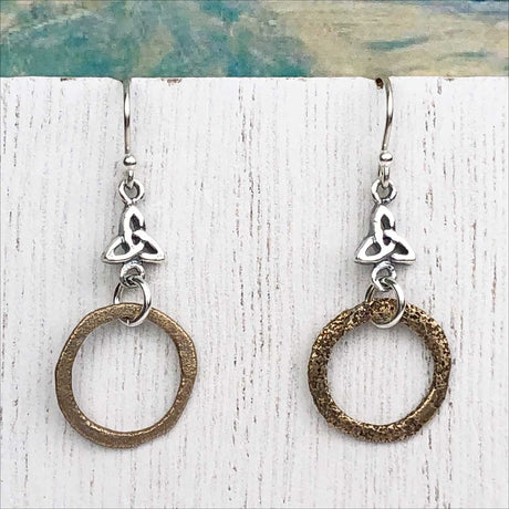 Warm Deep Bronze Celtic Ring Money Earrings with Celtic Trinity Knot Accent