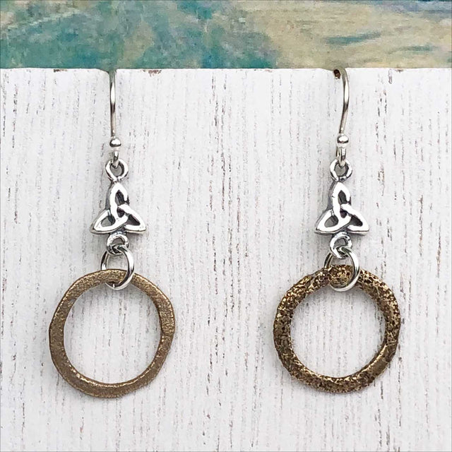 Warm Deep Bronze Celtic Ring Money Earrings with Celtic Trinity Knot Accent