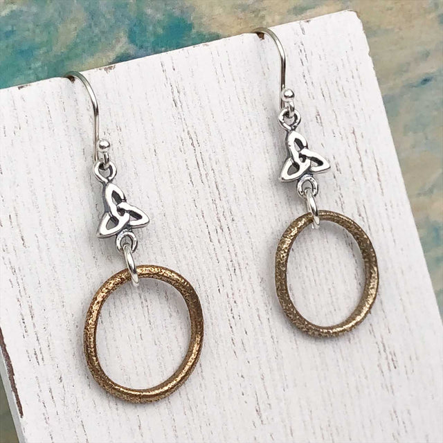 Bright Red Golden Bronze Celtic Ring Money Earrings with Celtic Trinity Knot Accent