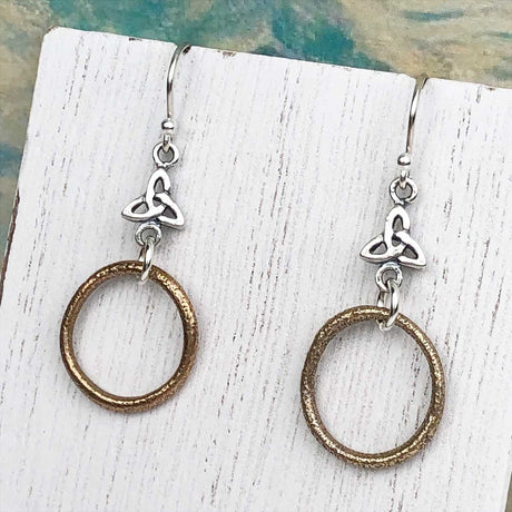 Bright Red Golden Bronze Celtic Ring Money Earrings with Celtic Trinity Knot Accent