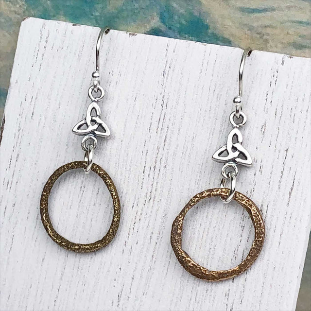 Glistening Rich Bronze Celtic Ring Money Earrings with Celtic Trinity Knot Accent