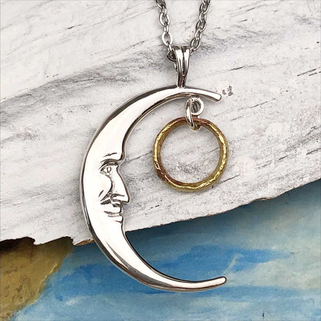 Bright Golden Bronze Tiny Celtic Ring Money Man in the Moon Necklace