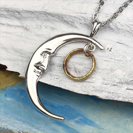 Bright Golden Bronze Tiny Celtic Ring Money Man in the Moon Necklace