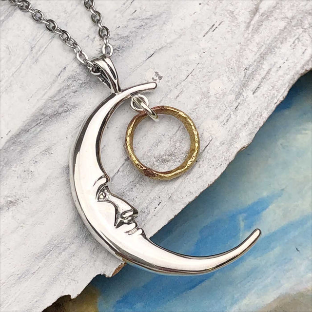 Bright Golden Bronze Tiny Celtic Ring Money Man in the Moon Necklace