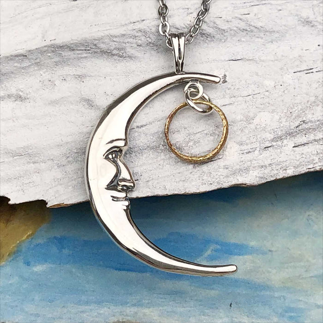 Glowing Golden Bronze Tiny Celtic Ring Money Man in the Moon Necklace