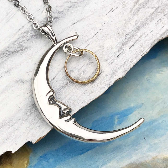 Glowing Golden Bronze Tiny Celtic Ring Money Man in the Moon Necklace