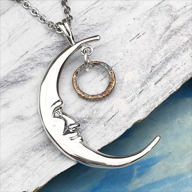 Burnished Golden Bronze Tiny Celtic Ring Money Man in the Moon Necklace