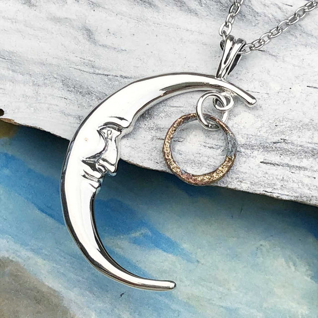 Burnished Golden Bronze Tiny Celtic Ring Money Man in the Moon Necklace