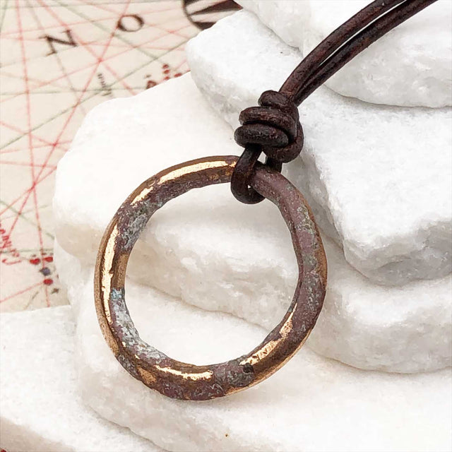 Variegated Red and Golden Bronze Celtic Ring Money Leather Necklace