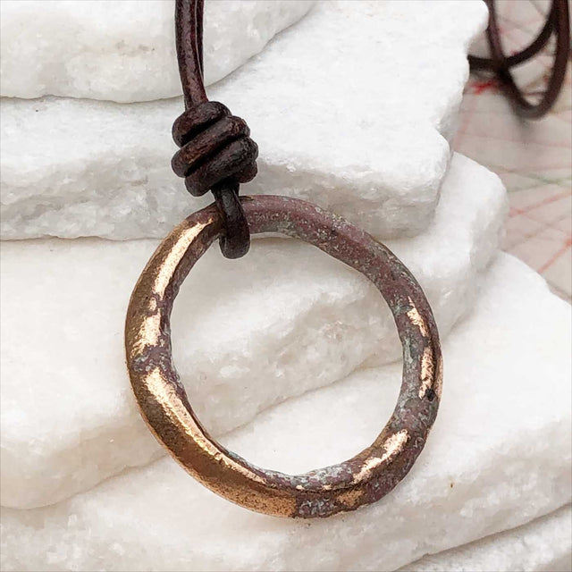 Variegated Red and Golden Bronze Celtic Ring Money Leather Necklace