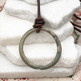 Gray Green and Golden Bronze Celtic Ring Money Leather Necklace