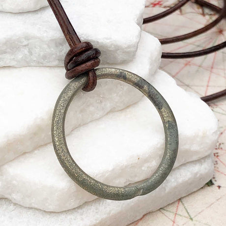 Gray Green and Golden Bronze Celtic Ring Money Leather Necklace