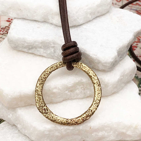 Bright Light Golden Bronze Celtic Ring Money Leather Necklace