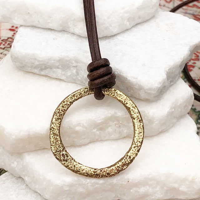 Bright Light Golden Bronze Celtic Ring Money Leather Necklace