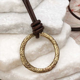 Bright Light Golden Bronze Celtic Ring Money Leather Necklace