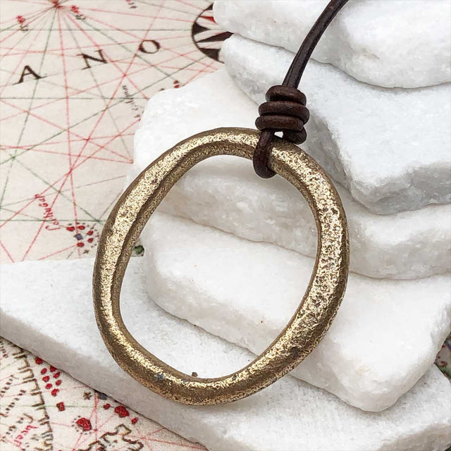 Huge Rich Golden Bronze Oval Celtic Ring Money Leather Necklace