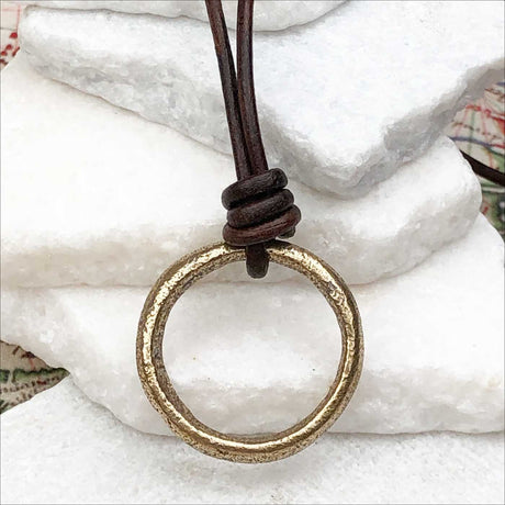 Soft Golden Bronze Celtic Ring Money Leather Necklace