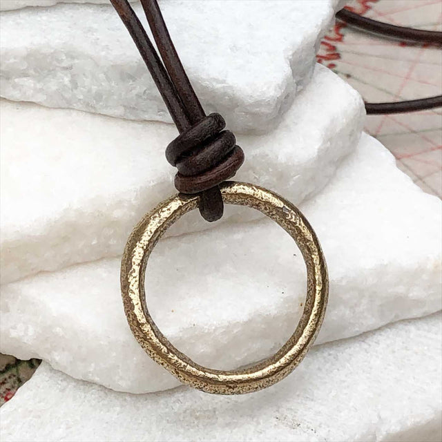 Soft Golden Bronze Celtic Ring Money Leather Necklace