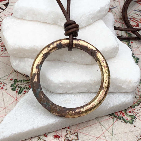 Huge Deep Brown to Golden Bronze Oval Celtic Ring Money Leather Necklace