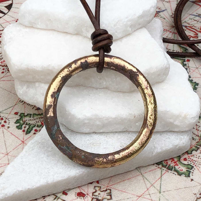 Huge Deep Brown to Golden Bronze Oval Celtic Ring Money Leather Necklace