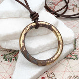 Huge Deep Brown to Golden Bronze Oval Celtic Ring Money Leather Necklace