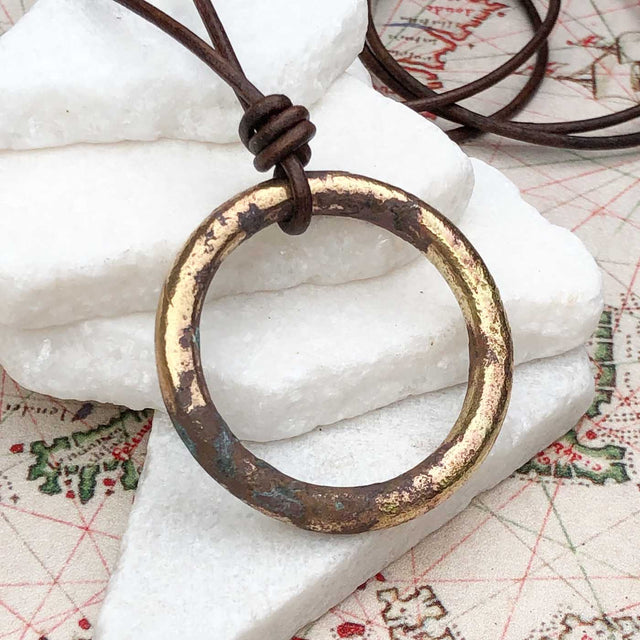 Huge Deep Brown to Golden Bronze Oval Celtic Ring Money Leather Necklace