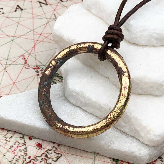 Huge Deep Brown to Golden Bronze Oval Celtic Ring Money Leather Necklace