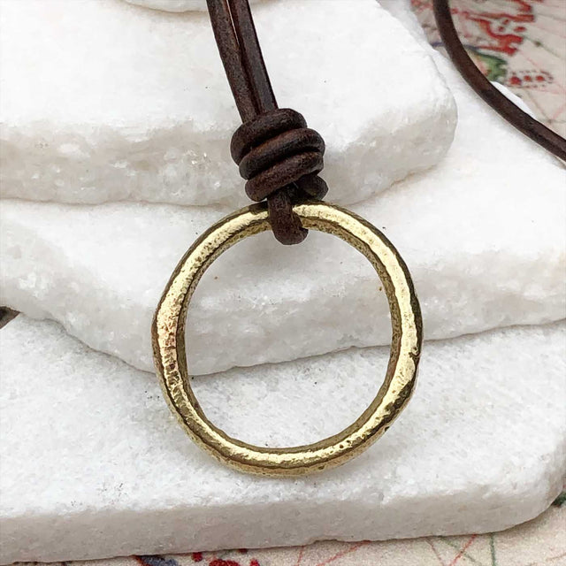 Brightest Golden Bronze Celtic Ring Money Leather Necklace