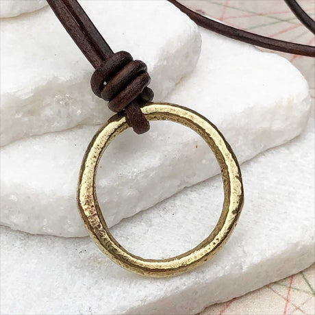 Brightest Golden Bronze Celtic Ring Money Leather Necklace