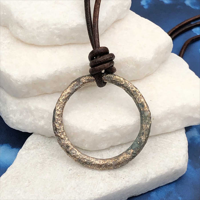 Brightest Golden Bronze Celtic Ring Money Leather Necklace