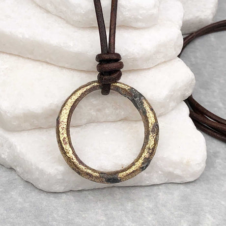 Variegated Gray to Golden Bronze Oval Celtic Ring Money Leather Necklace