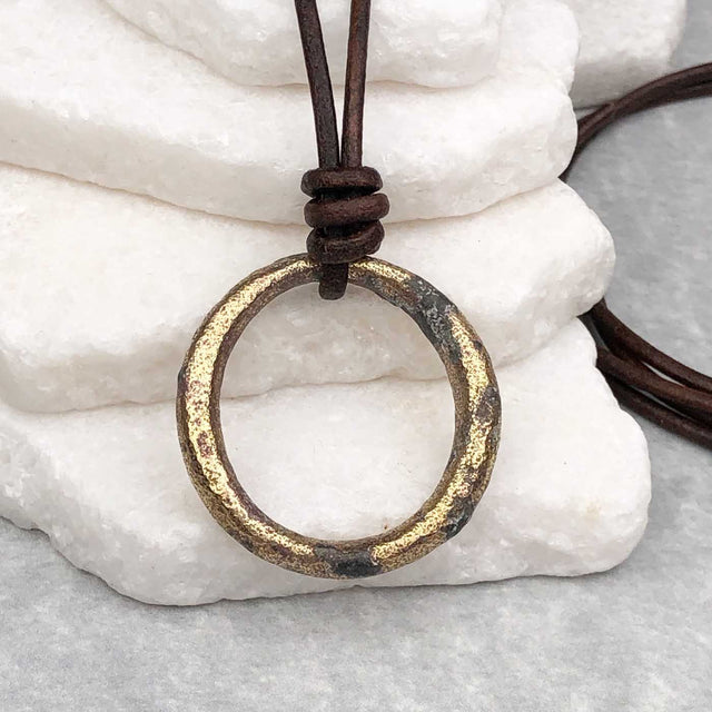 Variegated Gray to Golden Bronze Oval Celtic Ring Money Leather Necklace