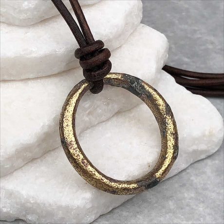 Variegated Gray to Golden Bronze Oval Celtic Ring Money Leather Necklace