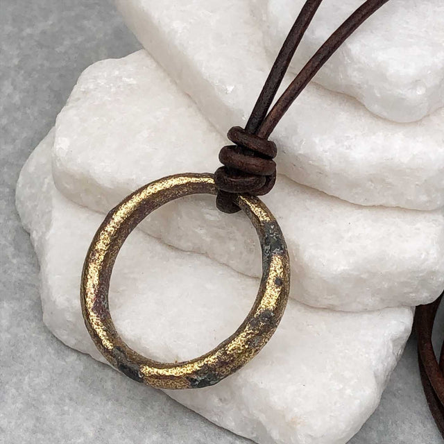 Variegated Gray to Golden Bronze Oval Celtic Ring Money Leather Necklace