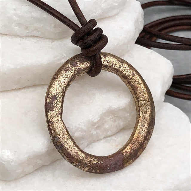 Thick Rich Red Golden Bronze Celtic Ring Money Leather Necklace