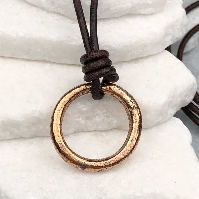 Bright Red Golden Bronze Celtic Ring Money Leather Necklace
