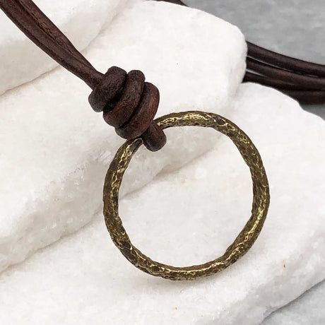 Deepest Burnished Golden Bronze Celtic Ring Money Leather Necklace