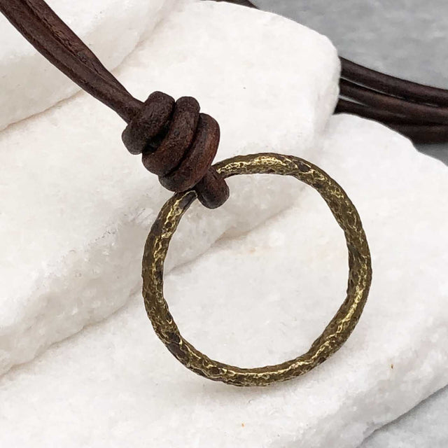 Deepest Burnished Golden Bronze Celtic Ring Money Leather Necklace