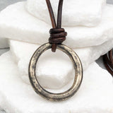 Deep Burnished Variegated Golden Bronze Oval Celtic Ring Money Leather Necklace